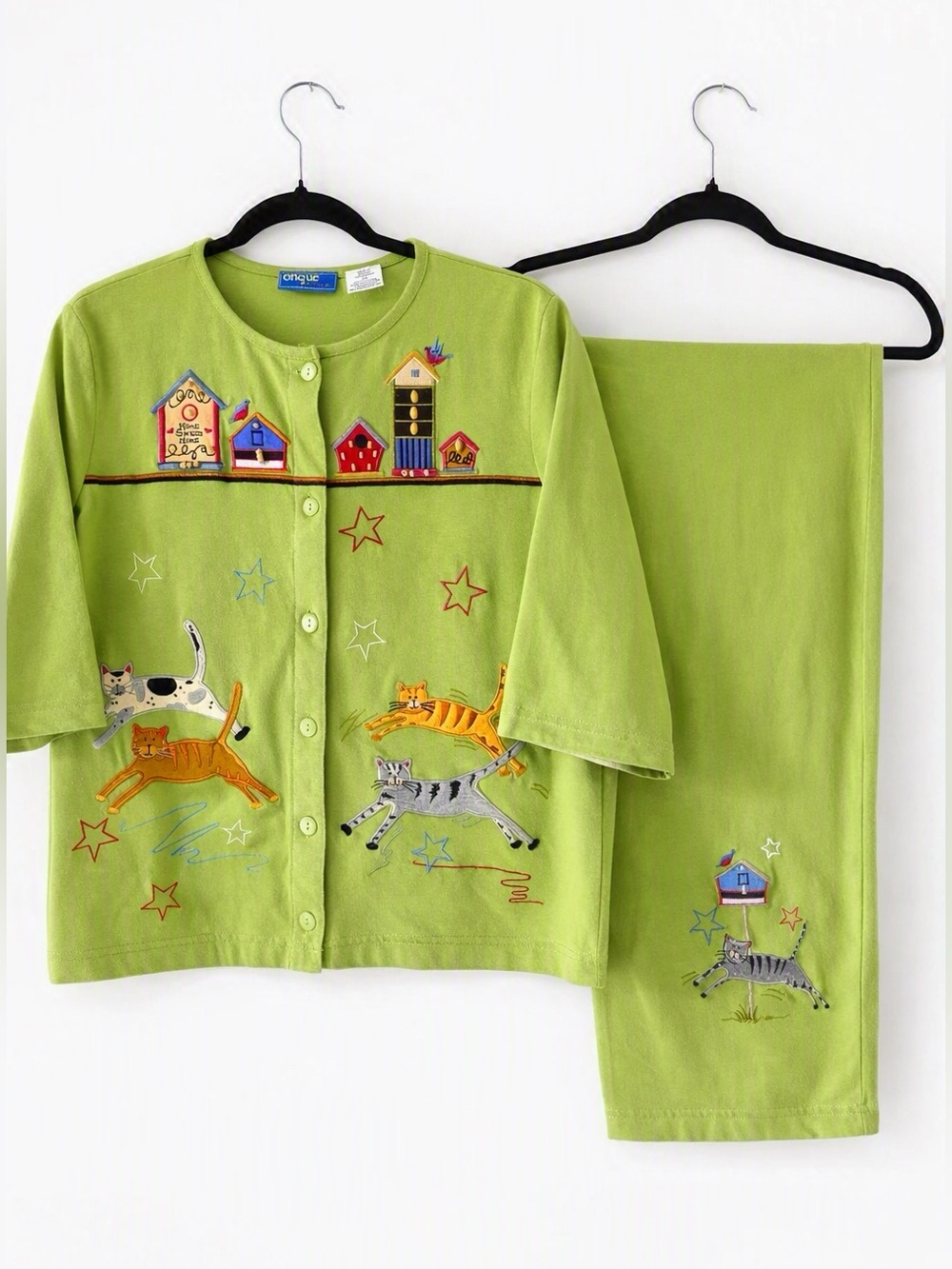 Vintage 90’s Onque Green Cat Bird Embroidery Cardigan Pant Lounge Set Size M
